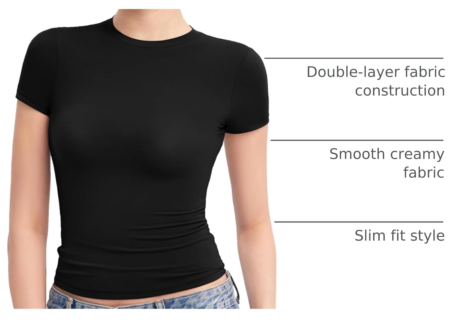 PUMIEY Women's Crew Neck Short Sleeve Tops Double Lined Slim Fit T Shirts Basic Tee Smoke Cloud Pro Collection