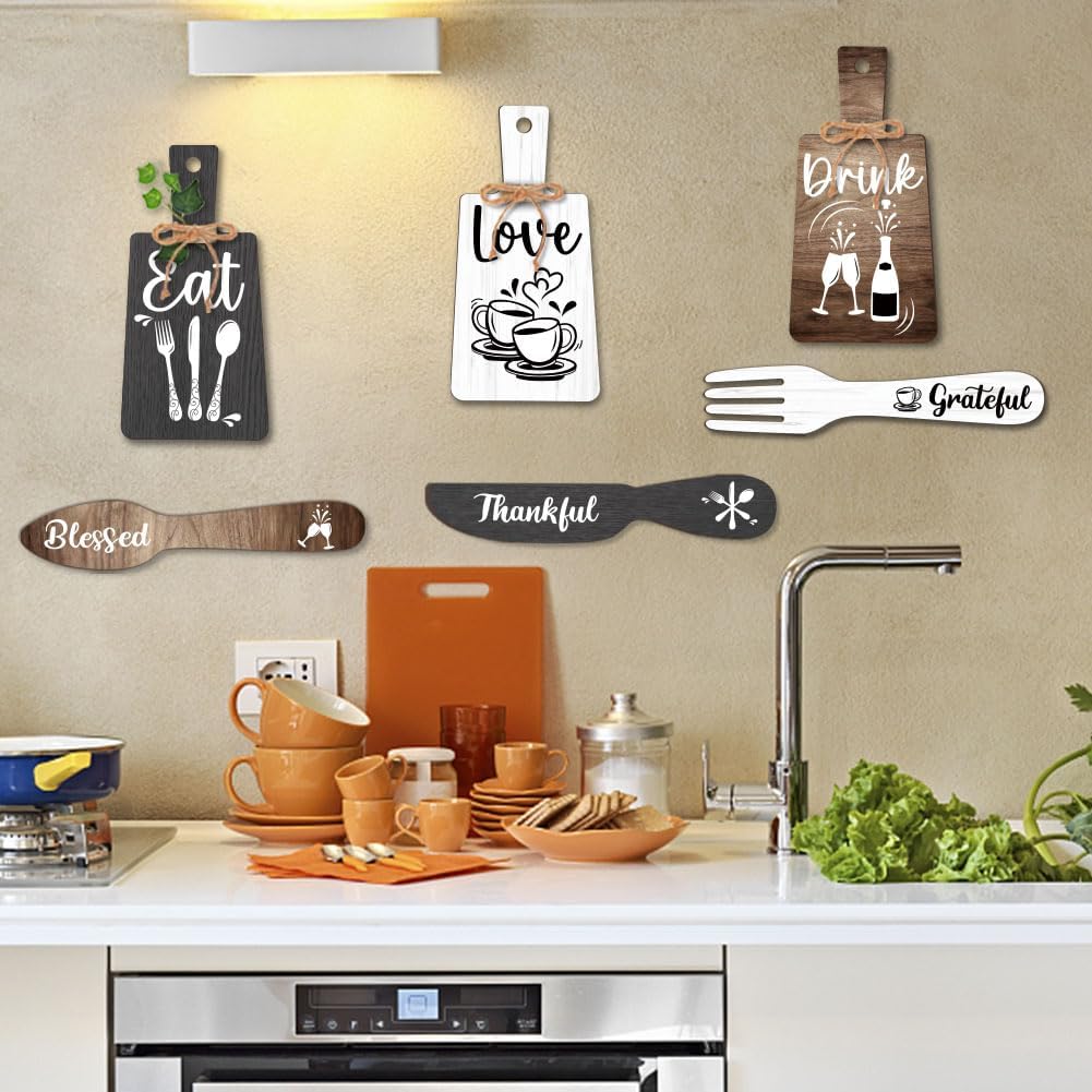 PH PandaHall 6pcs Kitchen Wall Decor Start Drink Sign Set Wood Pendant Accessories Mini Wood Plaque Fork and Spoon Shape Decorations Rustic Style Home Dector Black Brown White 11x5.5 inch/11.8x2 inch