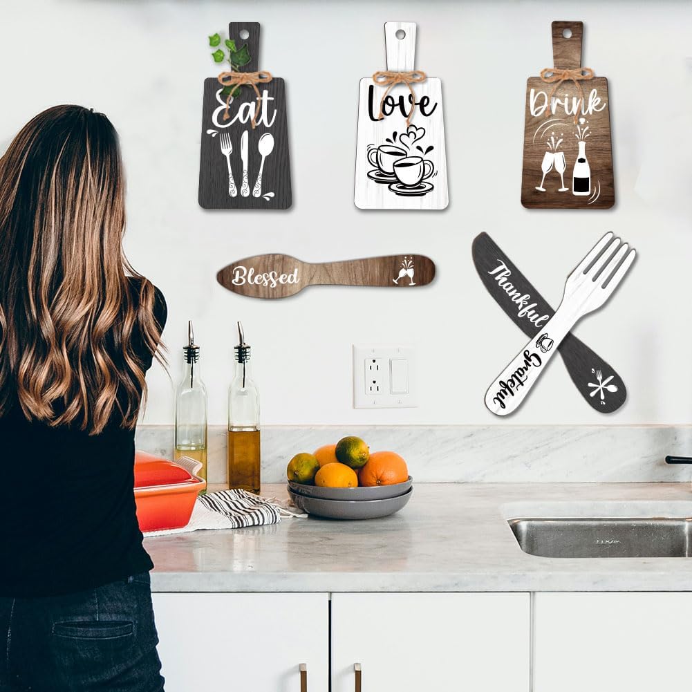 PH PandaHall 6pcs Kitchen Wall Decor Start Drink Sign Set Wood Pendant Accessories Mini Wood Plaque Fork and Spoon Shape Decorations Rustic Style Home Dector Black Brown White 11x5.5 inch/11.8x2 inch