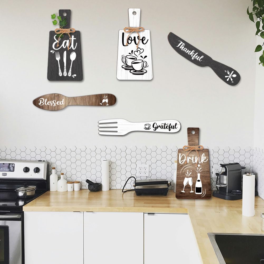 PH PandaHall 6pcs Kitchen Wall Decor Start Drink Sign Set Wood Pendant Accessories Mini Wood Plaque Fork and Spoon Shape Decorations Rustic Style Home Dector Black Brown White 11x5.5 inch/11.8x2 inch