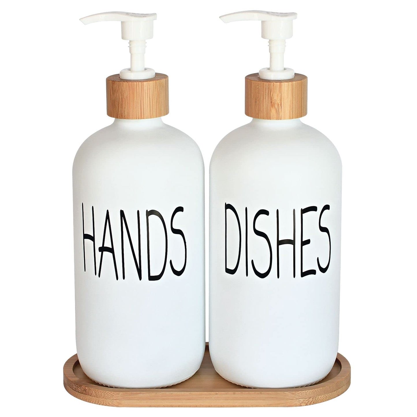 Glass Soap Dispenser Set. Hand and Dish with Bamboo Tray. Vintage Pump for Kitchen Drain Outlet Bathroom. Stylish Permanent Labels (Matte Black)