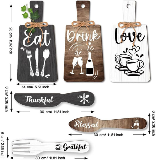 PH PandaHall 6pcs Kitchen Wall Decor Start Drink Sign Set Wood Pendant Accessories Mini Wood Plaque Fork and Spoon Shape Decorations Rustic Style Home Dector Black Brown White 11x5.5 inch/11.8x2 inch