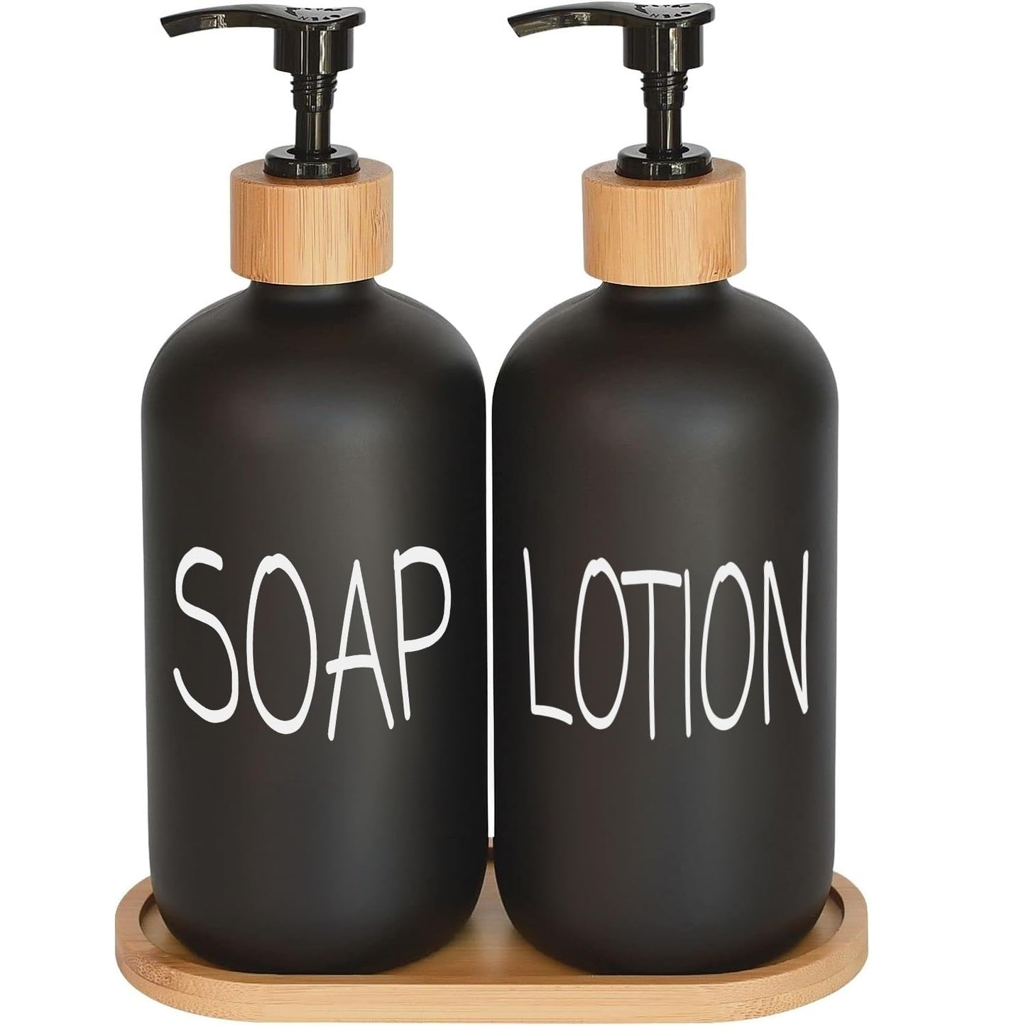 Glass Soap Dispenser Set. Hand and Dish with Bamboo Tray. Vintage Pump for Kitchen Drain Outlet Bathroom. Stylish Permanent Labels (Matte Black)