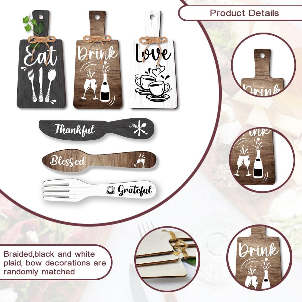 PH PandaHall 6pcs Kitchen Wall Decor Start Drink Sign Set Wood Pendant Accessories Mini Wood Plaque Fork and Spoon Shape Decorations Rustic Style Home Dector Black Brown White 11x5.5 inch/11.8x2 inch