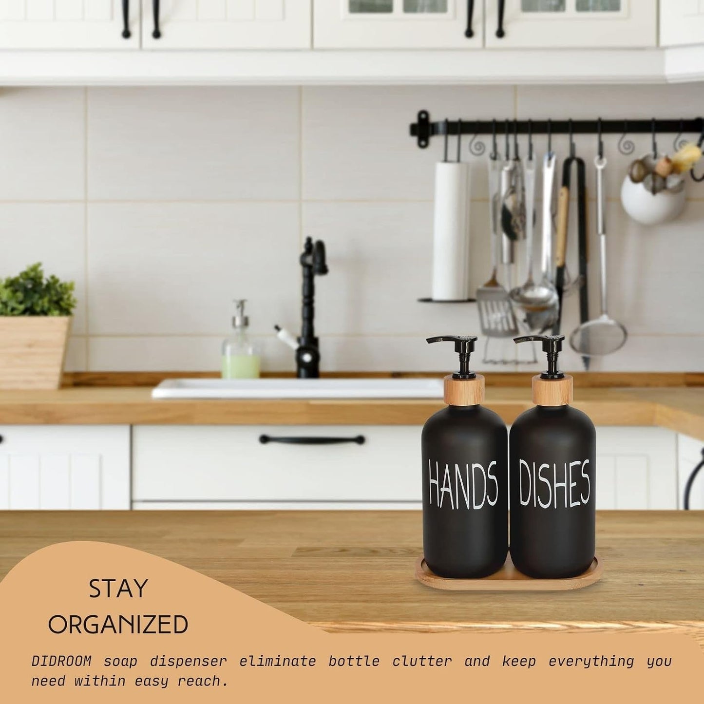 Glass Soap Dispenser Set. Hand and Dish with Bamboo Tray. Vintage Pump for Kitchen Drain Outlet Bathroom. Stylish Permanent Labels (Matte Black)