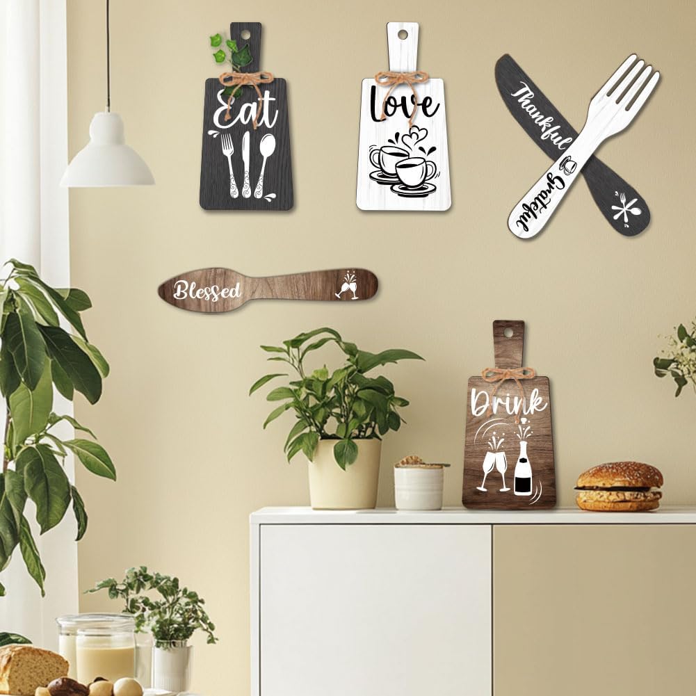 PH PandaHall 6pcs Kitchen Wall Decor Start Drink Sign Set Wood Pendant Accessories Mini Wood Plaque Fork and Spoon Shape Decorations Rustic Style Home Dector Black Brown White 11x5.5 inch/11.8x2 inch