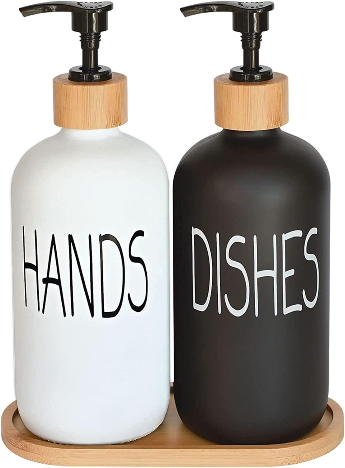 Glass Soap Dispenser Set. Hand and Dish with Bamboo Tray. Vintage Pump for Kitchen Drain Outlet Bathroom. Stylish Permanent Labels (Matte Black)