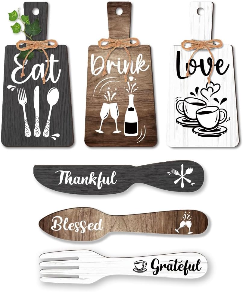 PH PandaHall 6pcs Kitchen Wall Decor Start Drink Sign Set Wood Pendant Accessories Mini Wood Plaque Fork and Spoon Shape Decorations Rustic Style Home Dector Black Brown White 11x5.5 inch/11.8x2 inch