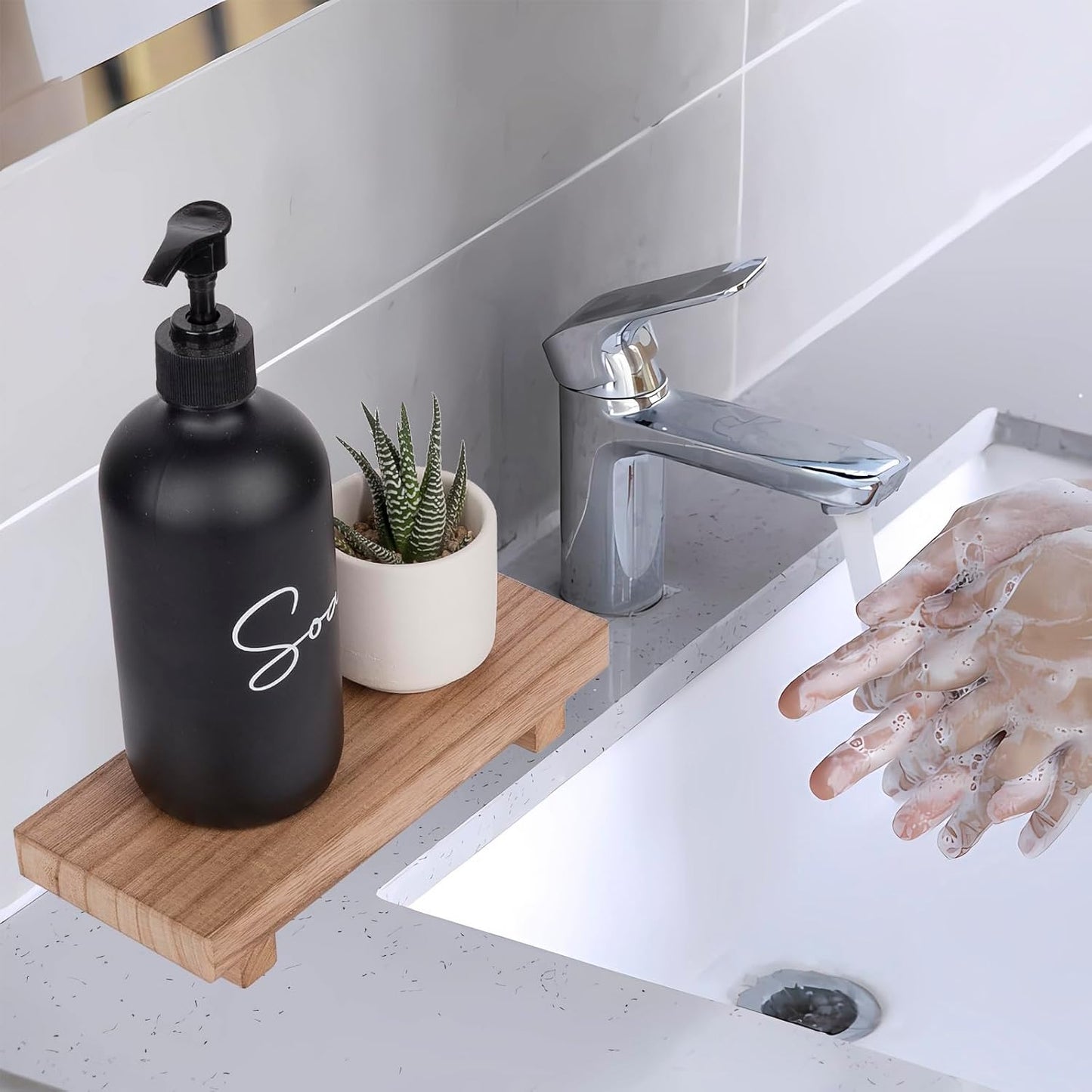 Wood Bathroom Tray Farmhouse Decor Kitchen Soap Holder, 8.7"x3.6" Brown | Waterproof, Lightweight, Easy Clean, Small Wooden Riser Pedestal Stand Accessories for Office Desk, Vanity, Counter, Sink