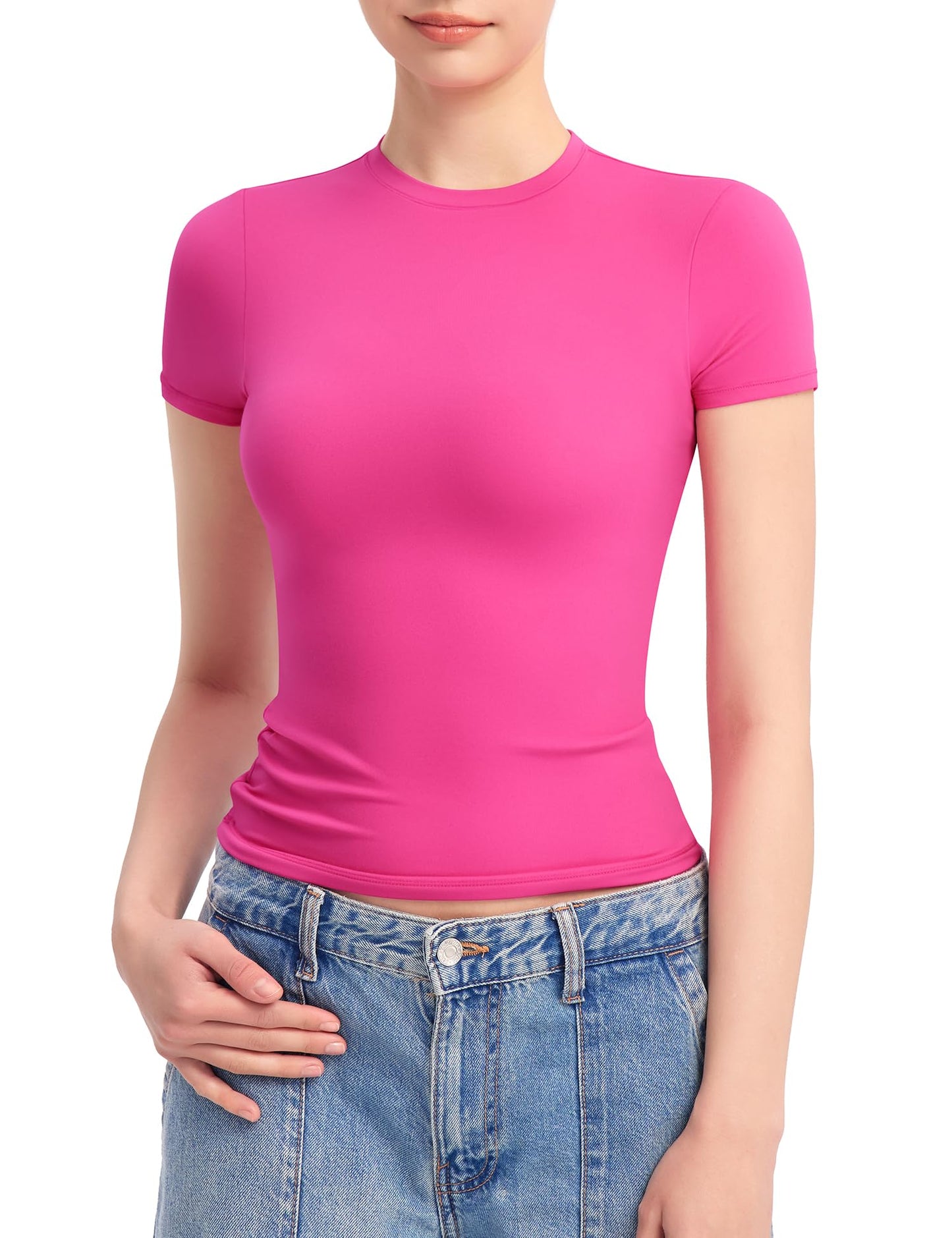 PUMIEY Women's Crew Neck Short Sleeve Tops Double Lined Slim Fit T Shirts Basic Tee Smoke Cloud Pro Collection