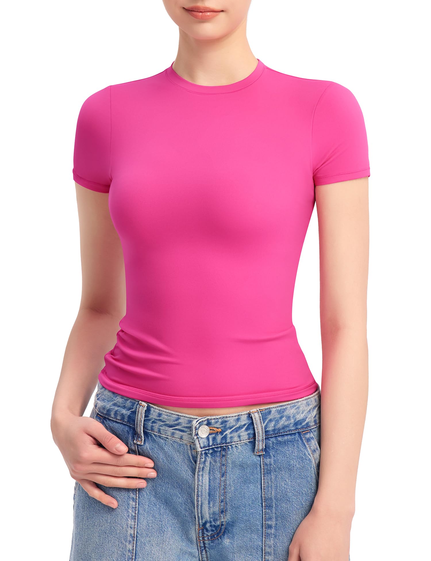 PUMIEY Women's Crew Neck Short Sleeve Tops Double Lined Slim Fit T Shirts Basic Tee Smoke Cloud Pro Collection
