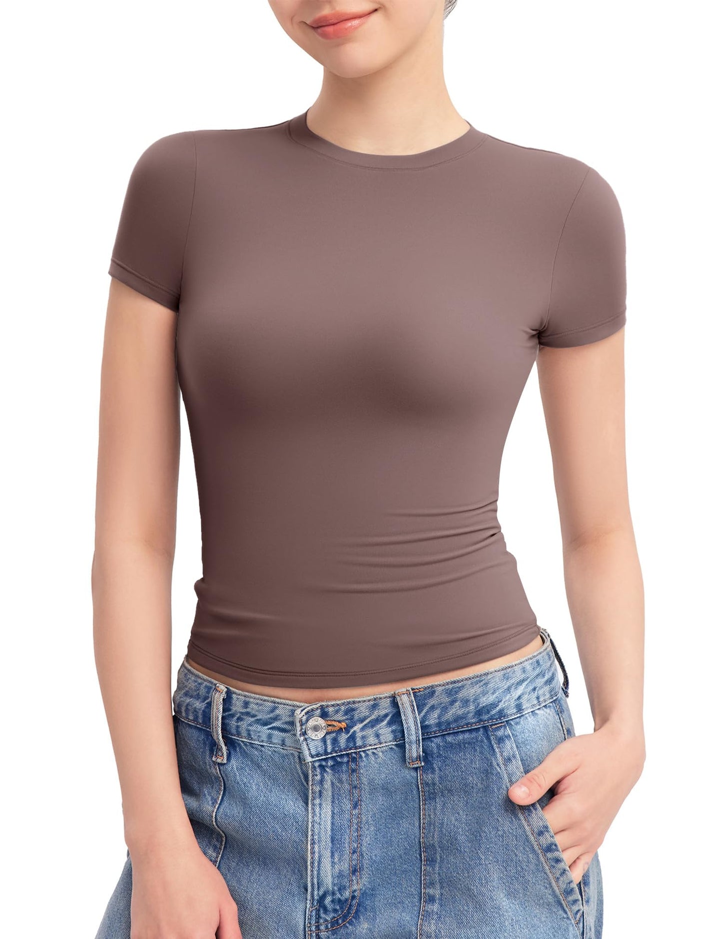 PUMIEY Women's Crew Neck Short Sleeve Tops Double Lined Slim Fit T Shirts Basic Tee Smoke Cloud Pro Collection