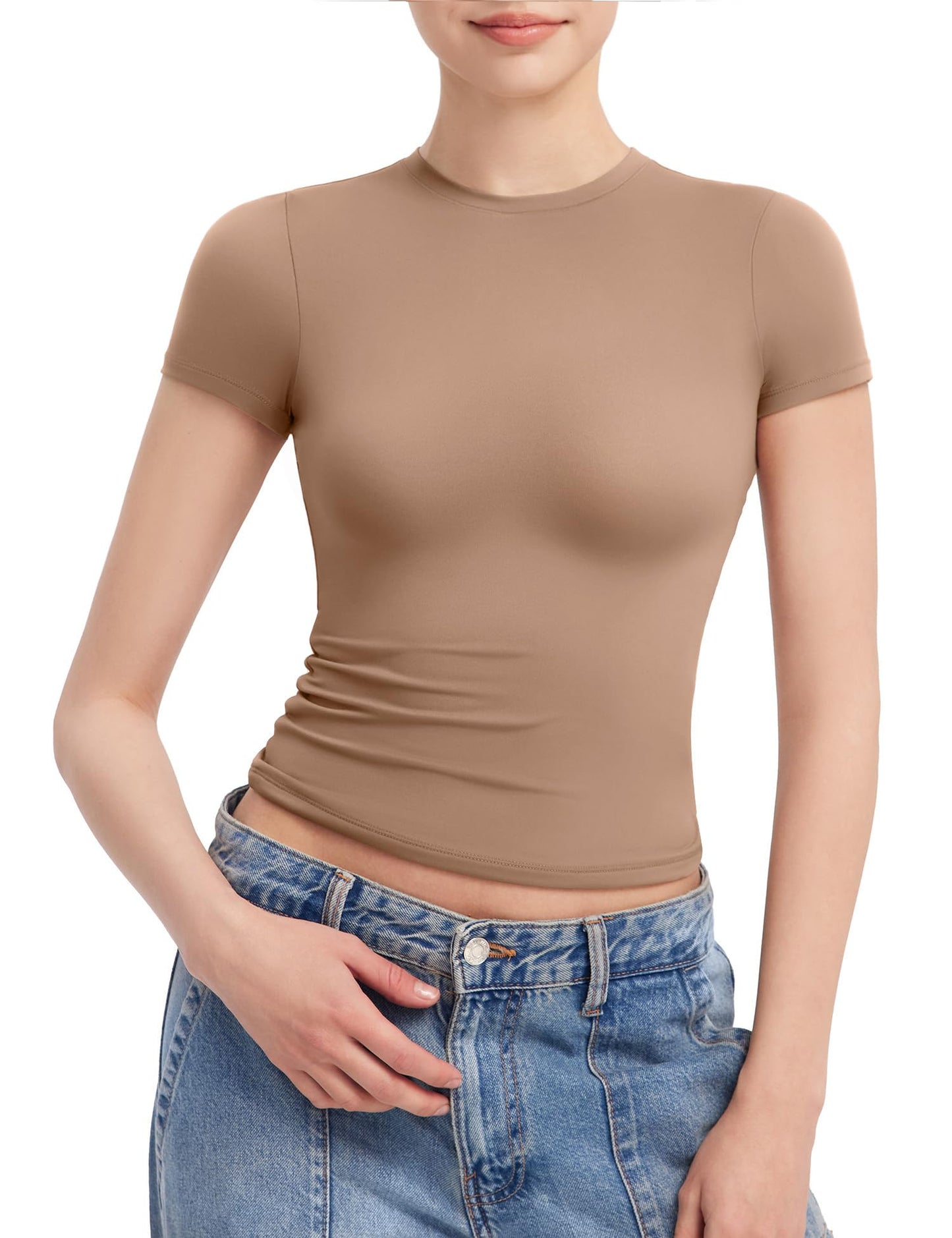 PUMIEY Women's Crew Neck Short Sleeve Tops Double Lined Slim Fit T Shirts Basic Tee Smoke Cloud Pro Collection