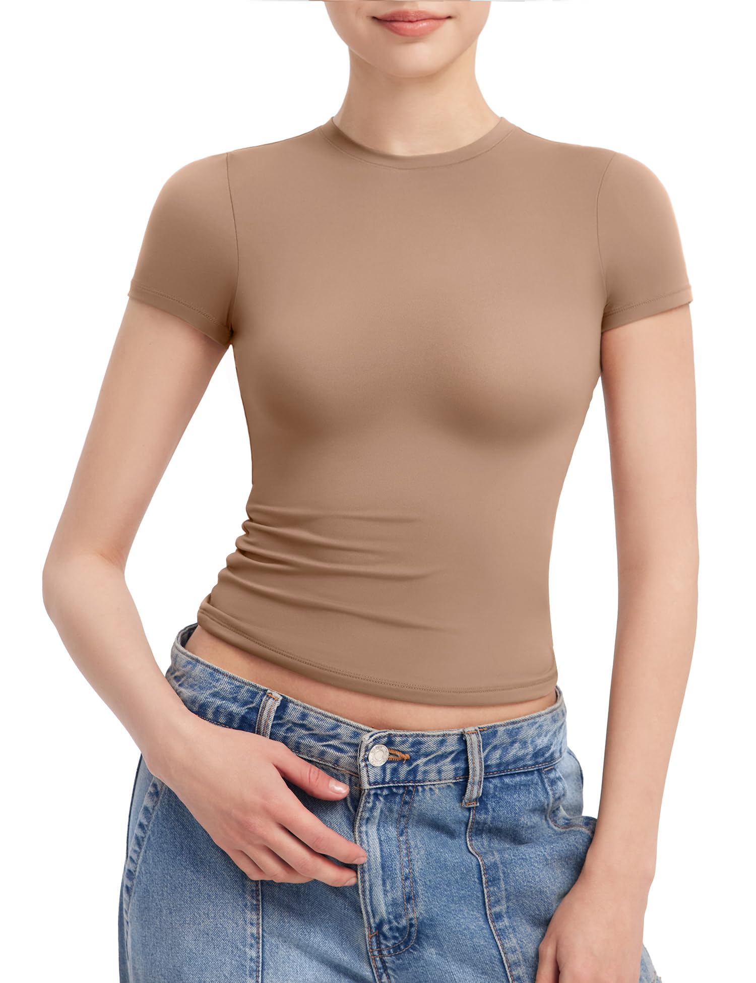 PUMIEY Women's Crew Neck Short Sleeve Tops Double Lined Slim Fit T Shirts Basic Tee Smoke Cloud Pro Collection