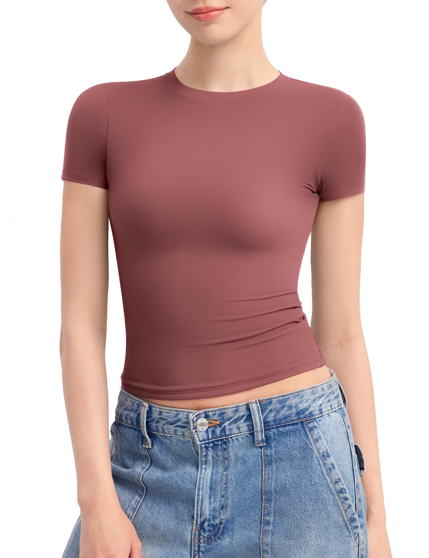 PUMIEY Women's Crew Neck Short Sleeve Tops Double Lined Slim Fit T Shirts Basic Tee Smoke Cloud Pro Collection