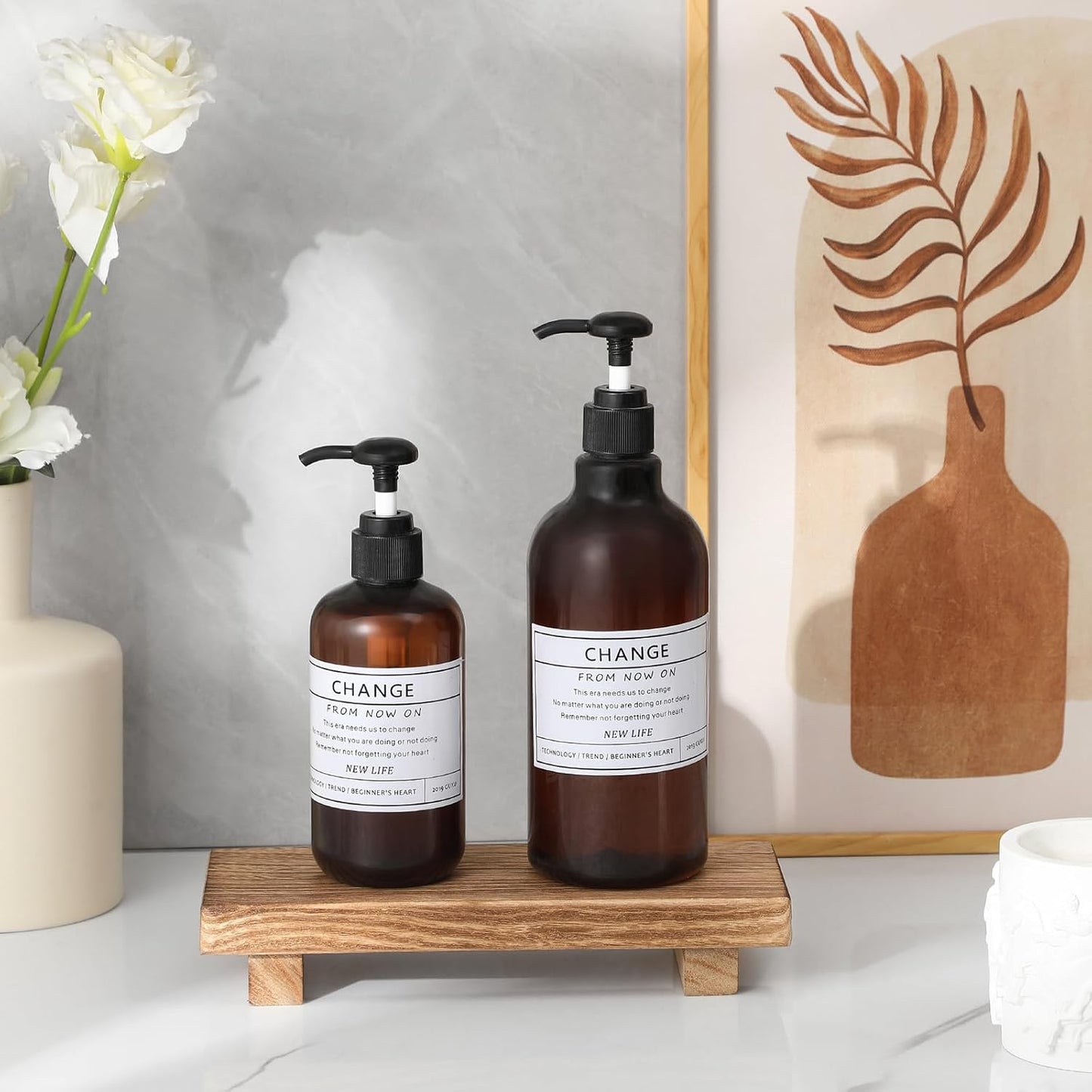 Wood Bathroom Tray Farmhouse Decor Kitchen Soap Holder, 8.7"x3.6" Brown | Waterproof, Lightweight, Easy Clean, Small Wooden Riser Pedestal Stand Accessories for Office Desk, Vanity, Counter, Sink