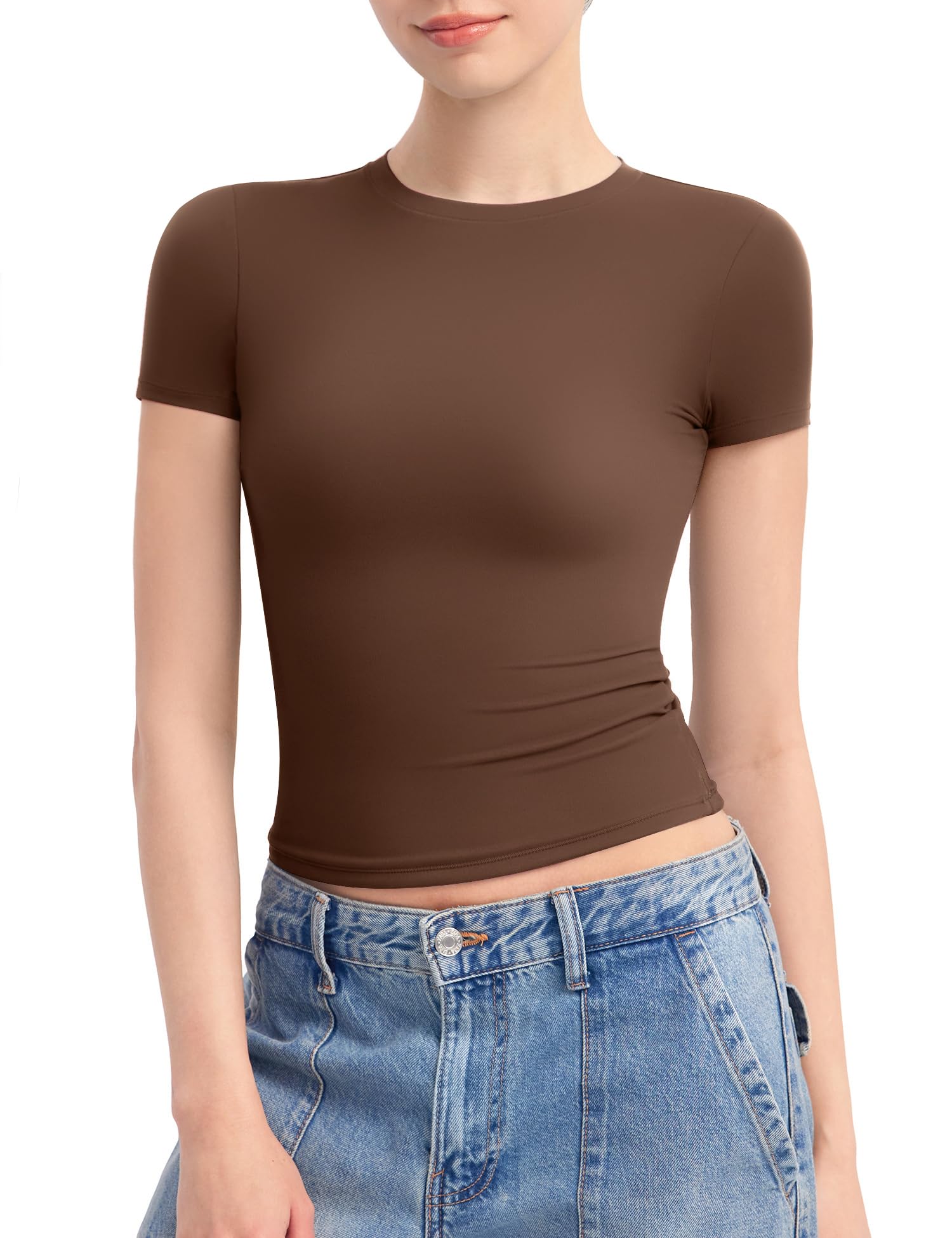 PUMIEY Women's Crew Neck Short Sleeve Tops Double Lined Slim Fit T Shirts Basic Tee Smoke Cloud Pro Collection