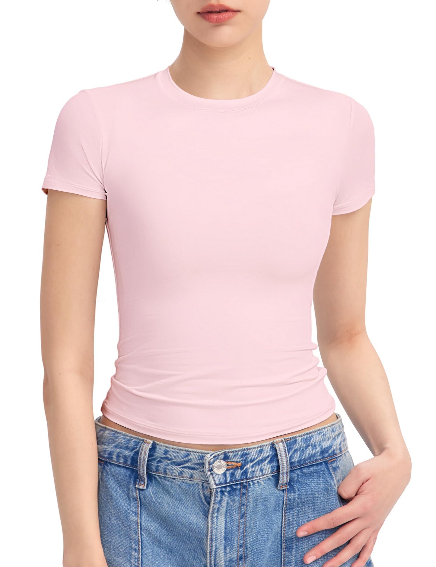 PUMIEY Women's Crew Neck Short Sleeve Tops Double Lined Slim Fit T Shirts Basic Tee Smoke Cloud Pro Collection
