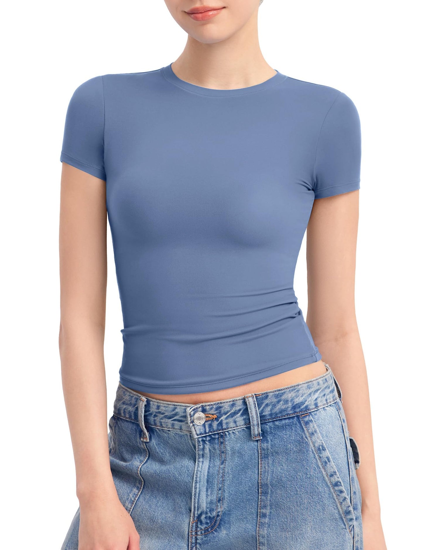 PUMIEY Women's Crew Neck Short Sleeve Tops Double Lined Slim Fit T Shirts Basic Tee Smoke Cloud Pro Collection