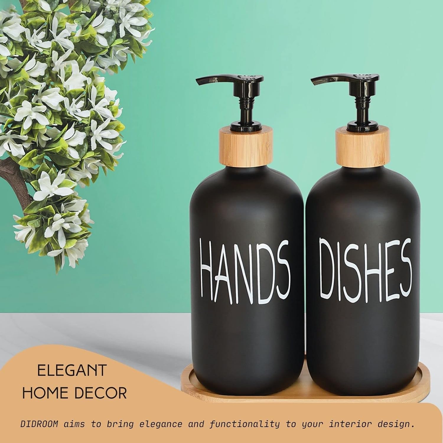 Glass Soap Dispenser Set. Hand and Dish with Bamboo Tray. Vintage Pump for Kitchen Drain Outlet Bathroom. Stylish Permanent Labels (Matte Black)